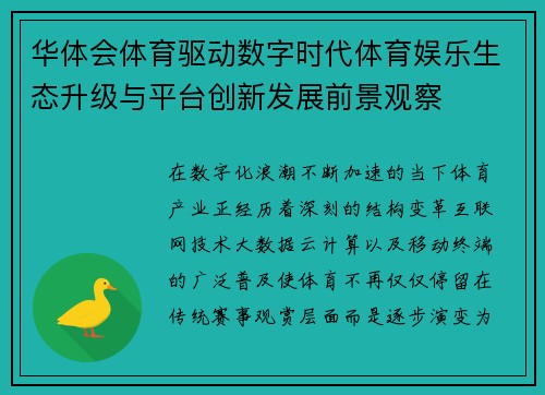 华体会体育驱动数字时代体育娱乐生态升级与平台创新发展前景观察